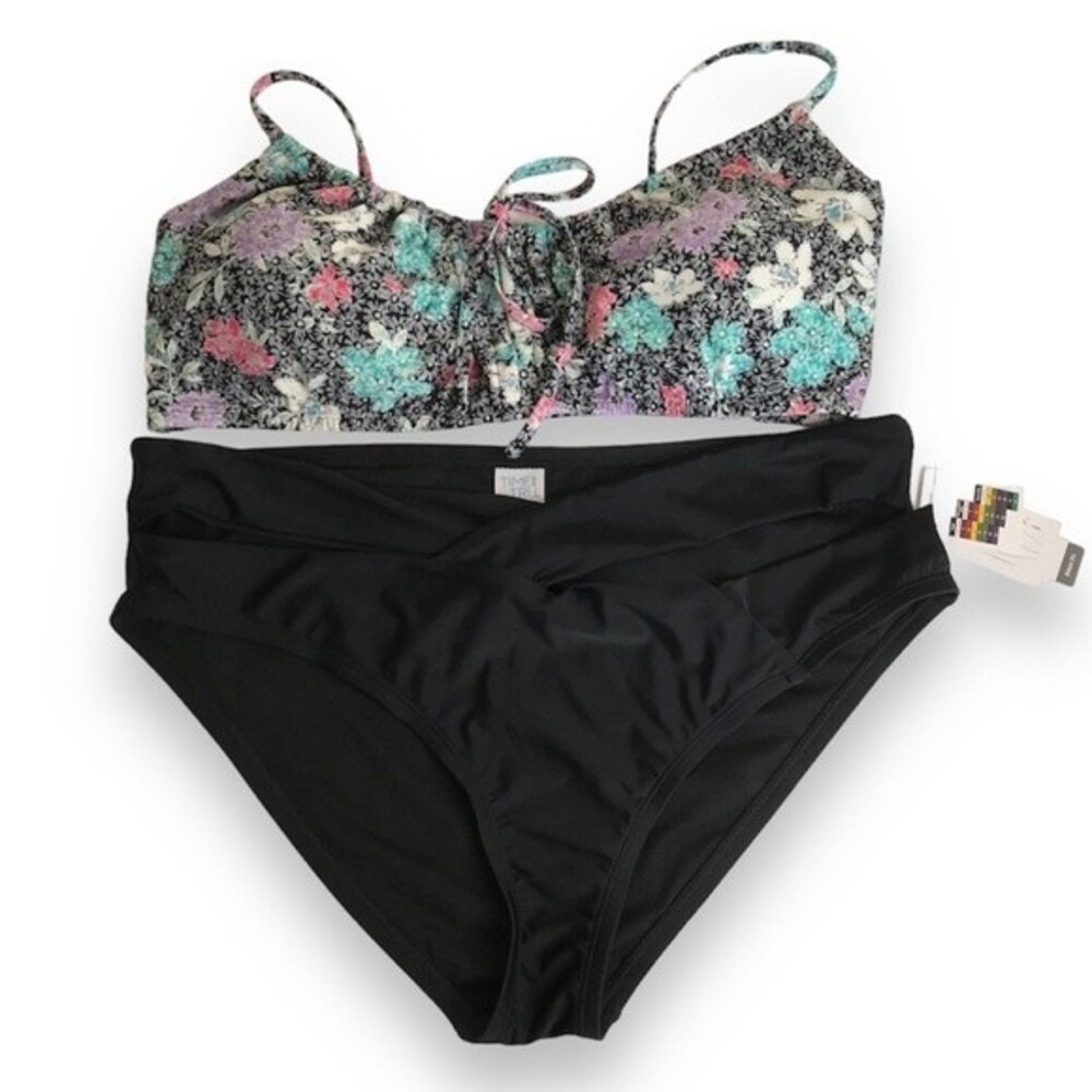NWT Time and Tru Two Piece Bathing Suit Print Top Black Cutout Bottom Womens XL